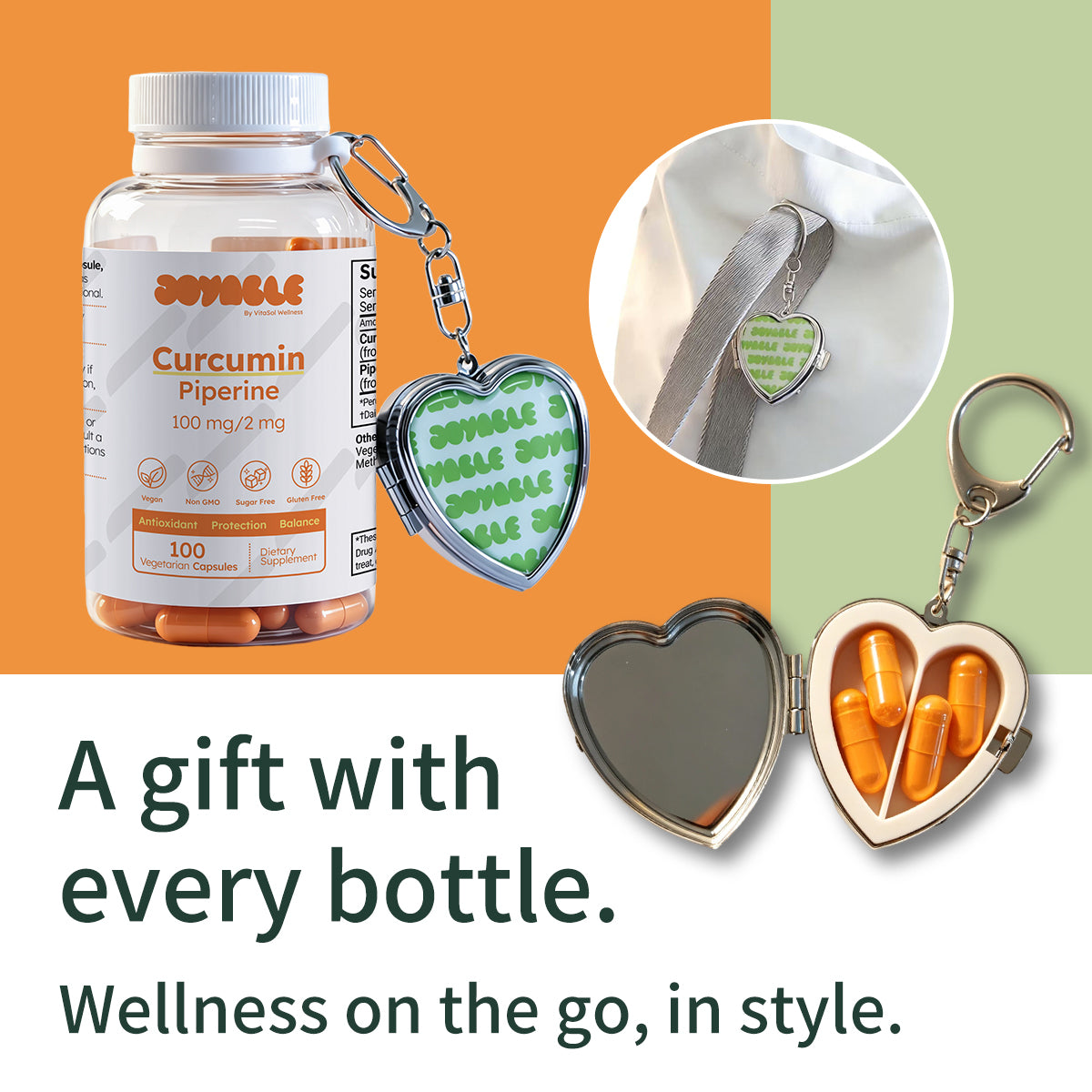 A promotional collage showing a bottle of Sovvabe Curcumin Piperine capsules, a heart-shaped silver locket keychain with a green-and-white pattern, an inset close-up of the locket worn on a white garment, and an open silver heart locket containing orange capsules. Text reads: 'A gift with every bottle.