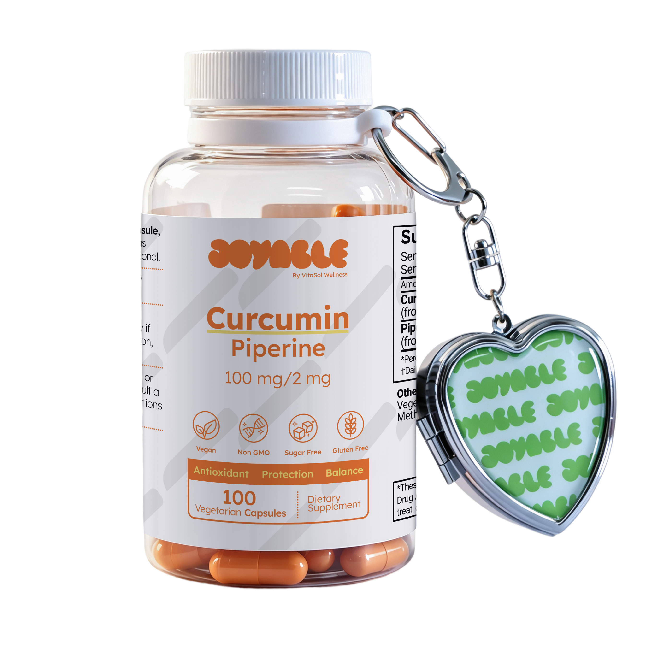 A clear supplement bottle labeled JOYABLE Curcumin Piperine 100 mg/2 mg with orange capsules visible inside, shown on a white background with a matching heart-shaped keychain and keyring attached.