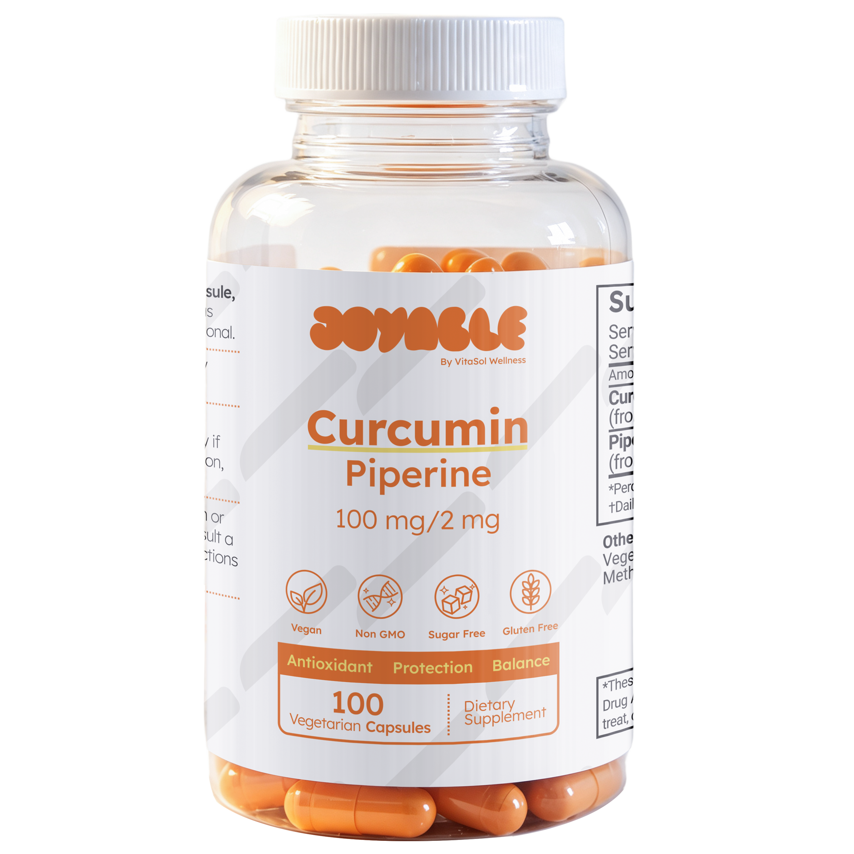 A clear plastic bottle of JOYBLE Curcumin Piperine dietary supplement capsules with a white cap and white label, containing orange-colored capsules.