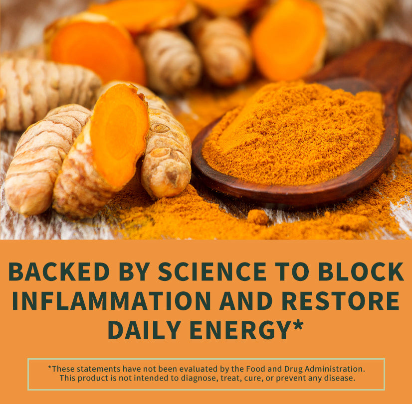 Turmeric root pieces, sliced turmeric showing bright orange-yellow interior, and a wooden spoon filled with orange turmeric powder on a rustic surface, above an orange text banner that reads 'BACKED BY SCIENCE TO BLOCK INFLAMMATION AND RESTORE DAILY ENERGY*' with a small disclaimer below.