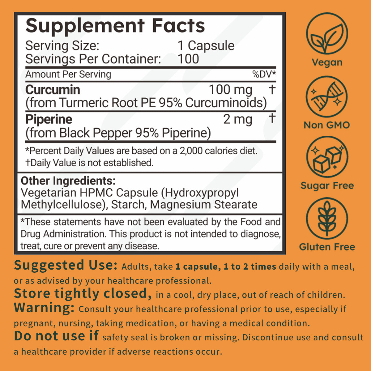 Supplement facts label for a dietary supplement on an orange background, showing serving size 1 capsule, 100 servings per container, curcumin 100 mg, and piperine 2 mg, with icons indicating Vegan, Non GMO, Sugar Free, and Gluten Free.