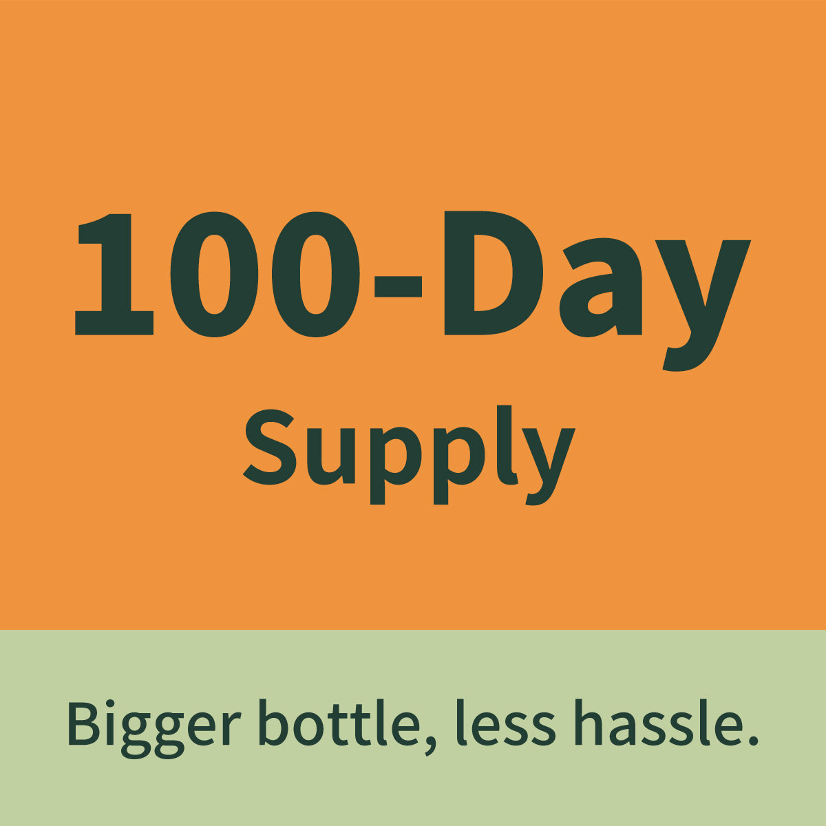 Promotional graphic with an orange upper section and pale green lower band. Large dark green text reads '100-Day Supply' and smaller text at the bottom reads 'Bigger bottle, less hassle.