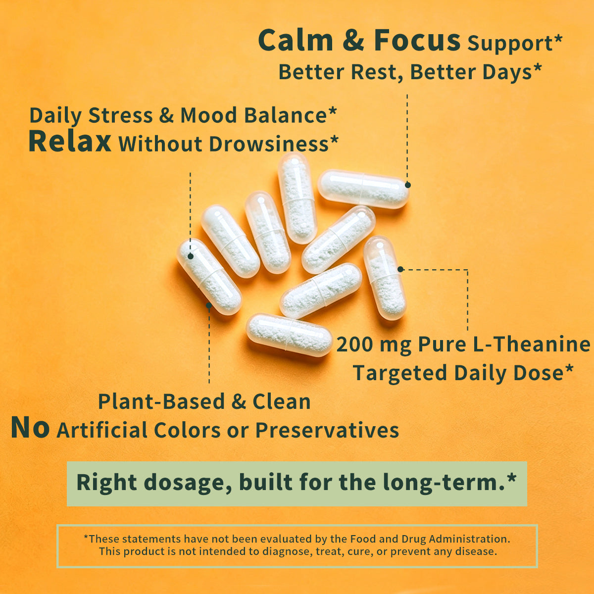 White L-theanine capsules arranged on an orange background with marketing text callouts about calm, focus, stress, and mood support, plus a disclaimer note at the bottom.