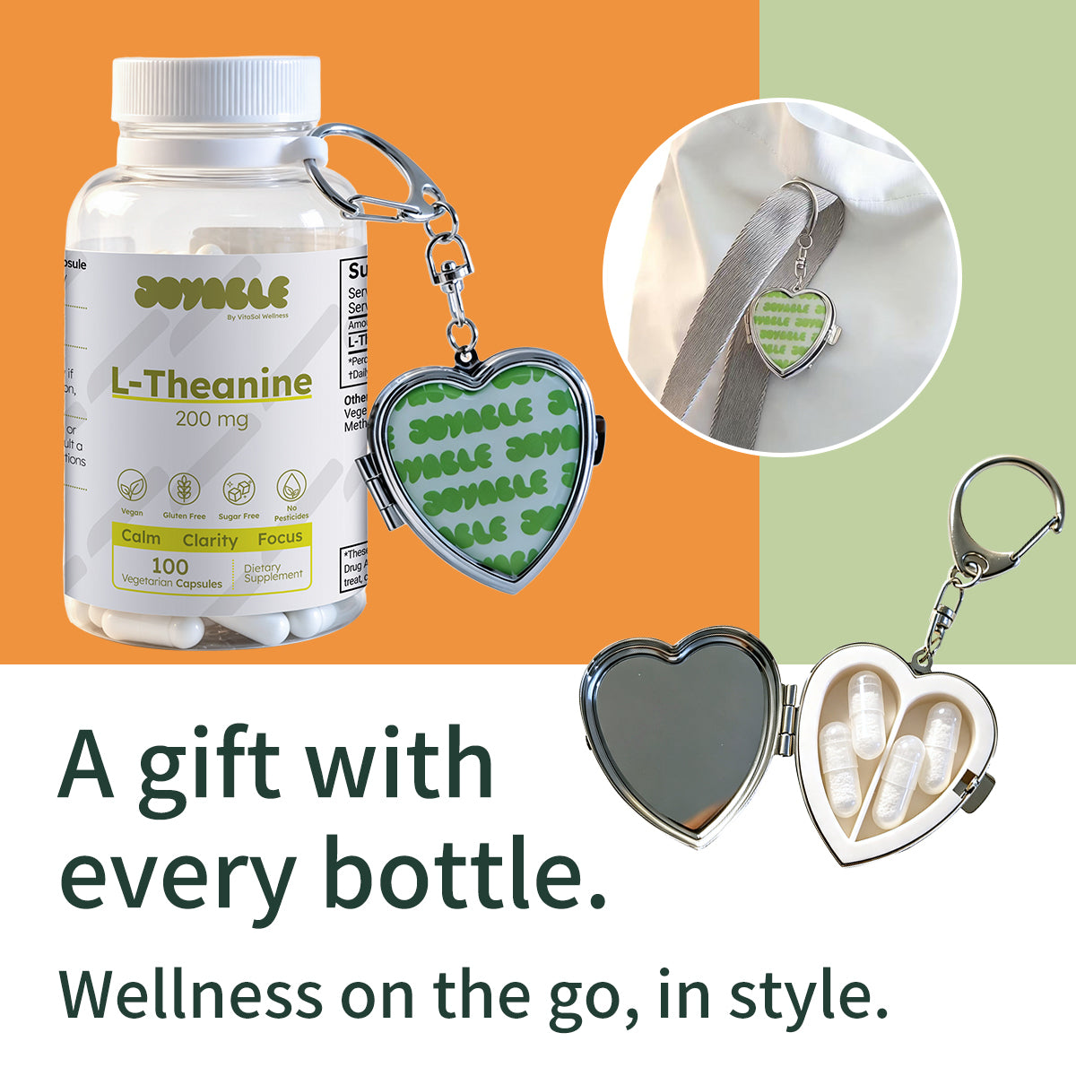 Double L-Theanine 200 mg supplement bottle shown alongside a heart-shaped keychain vial containing capsules, with an inset showing the keychain worn on a strap and another open heart vial with mirrors. Text reads: 'A gift with every bottle.