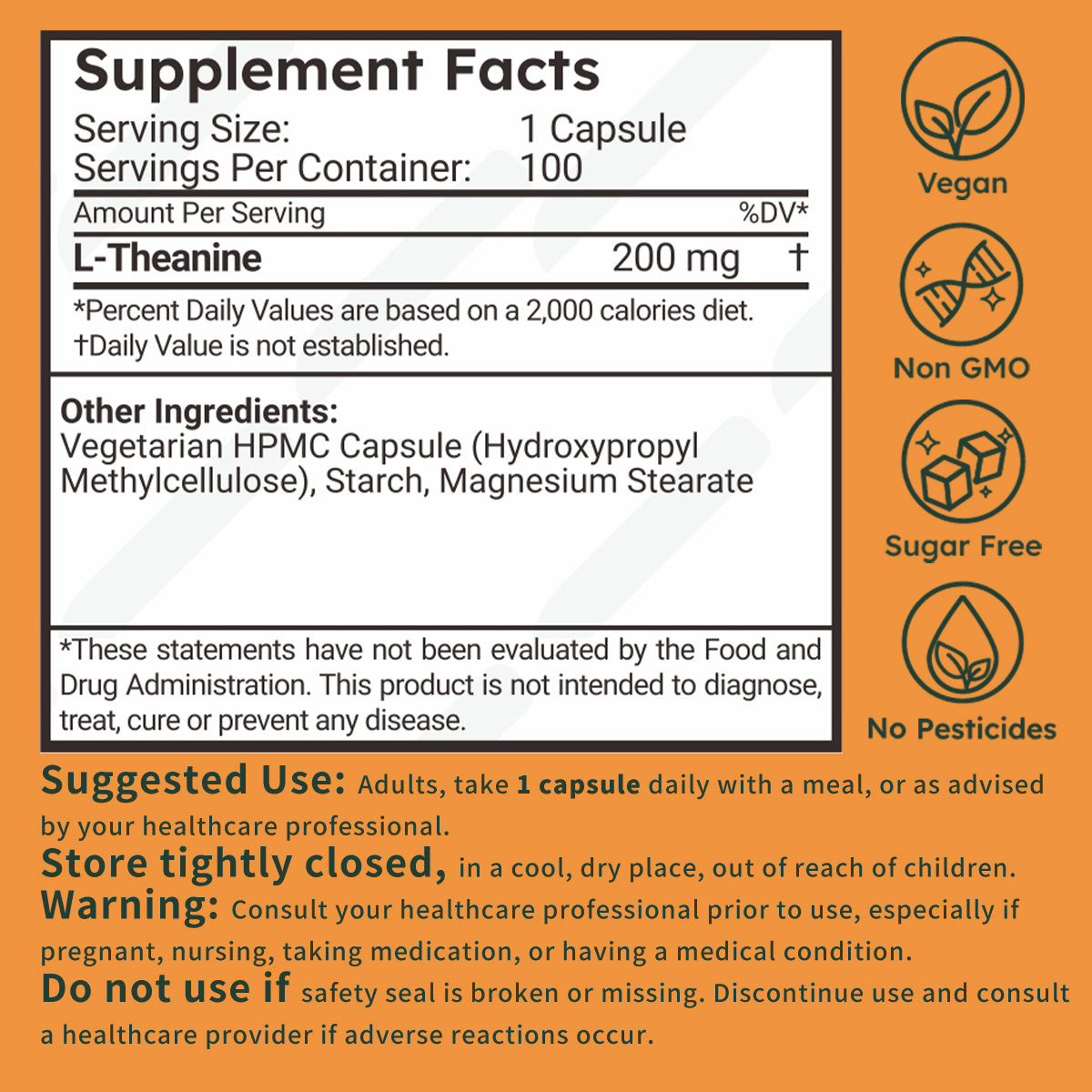 Supplement facts panel for L-Theanine capsules on an orange background, with icons indicating Vegan, Non GMO, Sugar Free, and No Pesticides.
