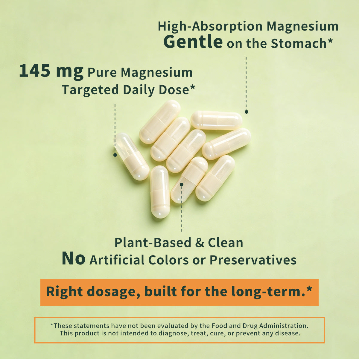 A set of pale yellow translucent capsules arranged on a light green background with marketing text about pure magnesium, high absorption, gentle on the stomach, and plant-based quality.