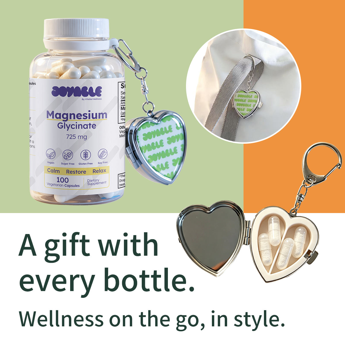 A promotional collage for a Souvule branded magnesium glycinate supplement bottle and matching heart-shaped keychain/medal set. The image shows the supplement bottle on a pale green background, a circular inset of a ribbon tied to a heart keychain, an open heart-shaped metal case with capsules inside, and marketing text reading 'A gift with every bottle.