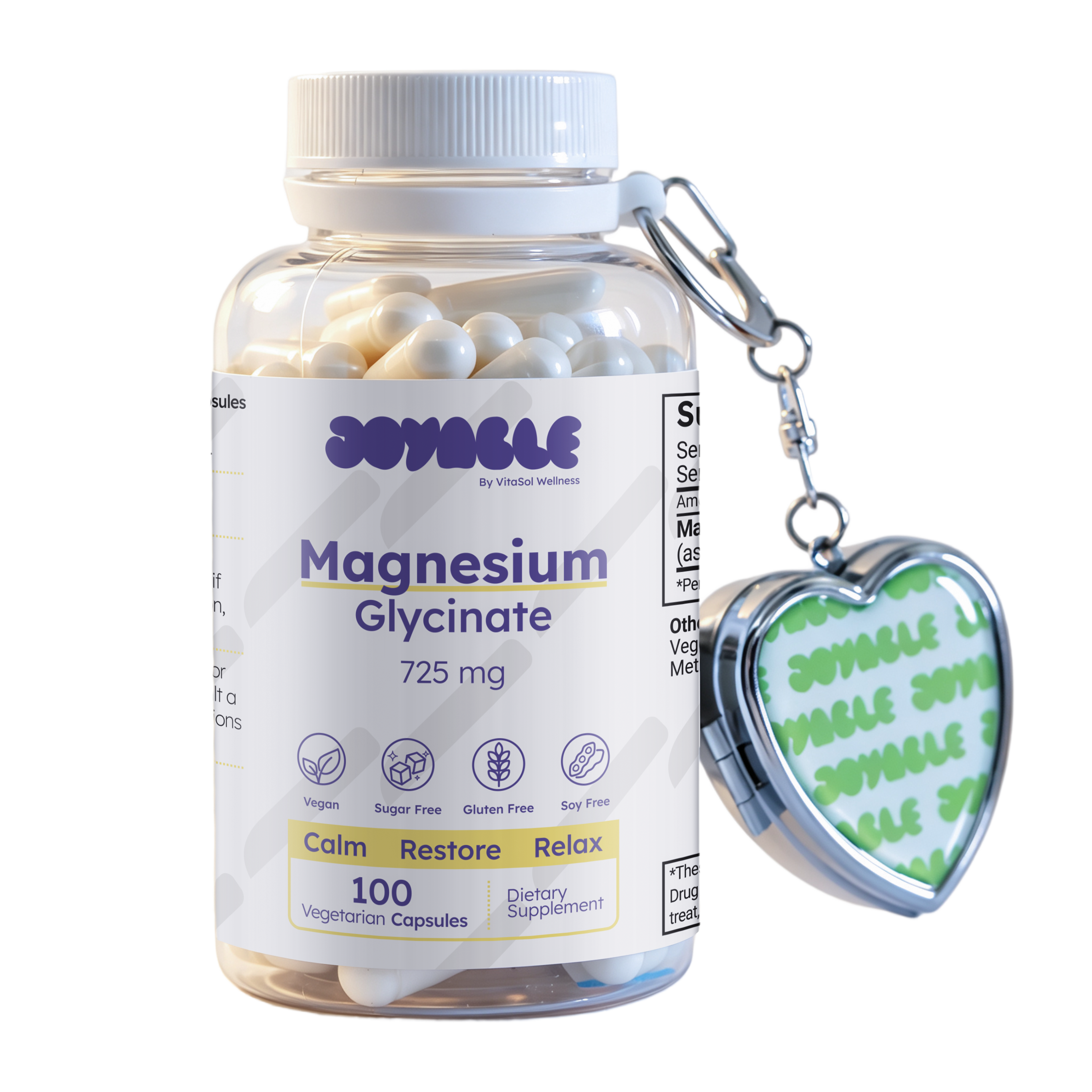 A clear plastic bottle of SOYABLE Magnesium Glycinate 725 mg dietary supplement, filled with white capsules, shown on a white background with a silver keychain attached to the side.