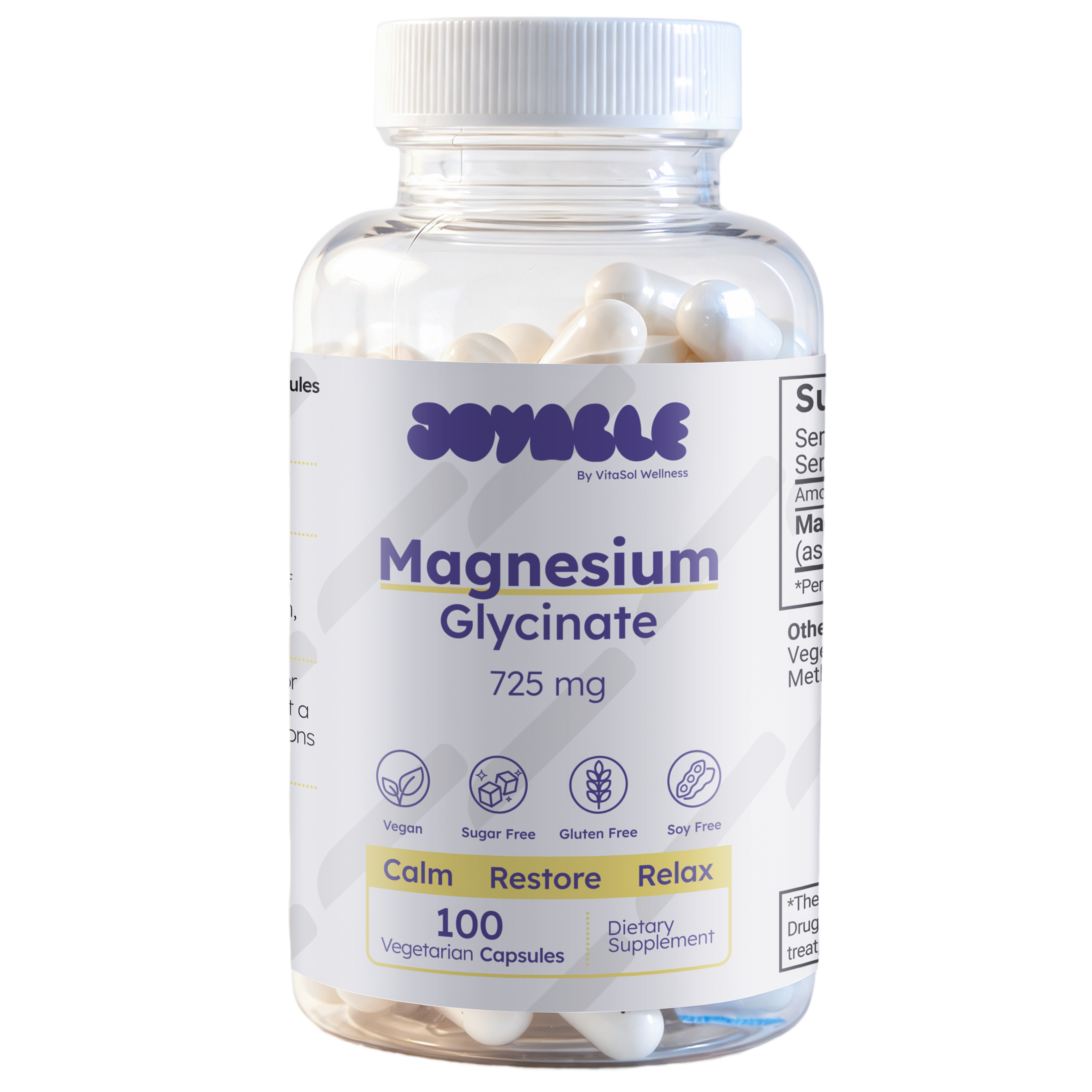A clear plastic bottle of Joynelle Magnesium Glycinate 725 mg dietary supplement, filled with white capsules, on a solid white background.
