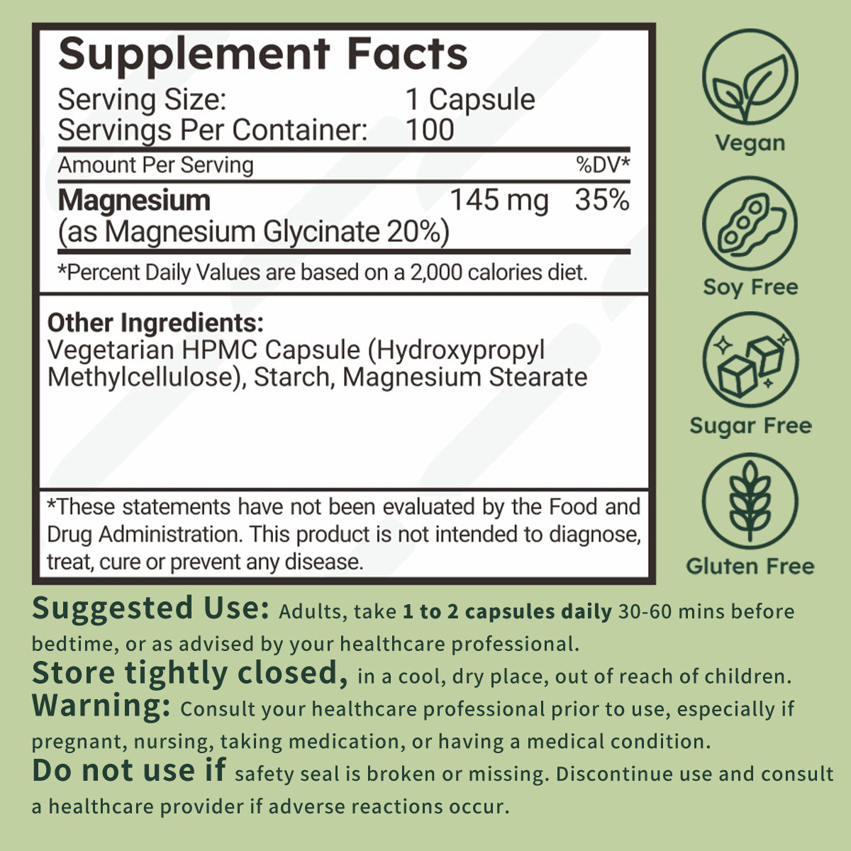 A supplement facts label panel with product details for a vegetarian HPMC capsule containing Magnesium. The label includes icons on the right indicating Vegan, Soy Free, Sugar Free, and Gluten Free, set against a sage green background.