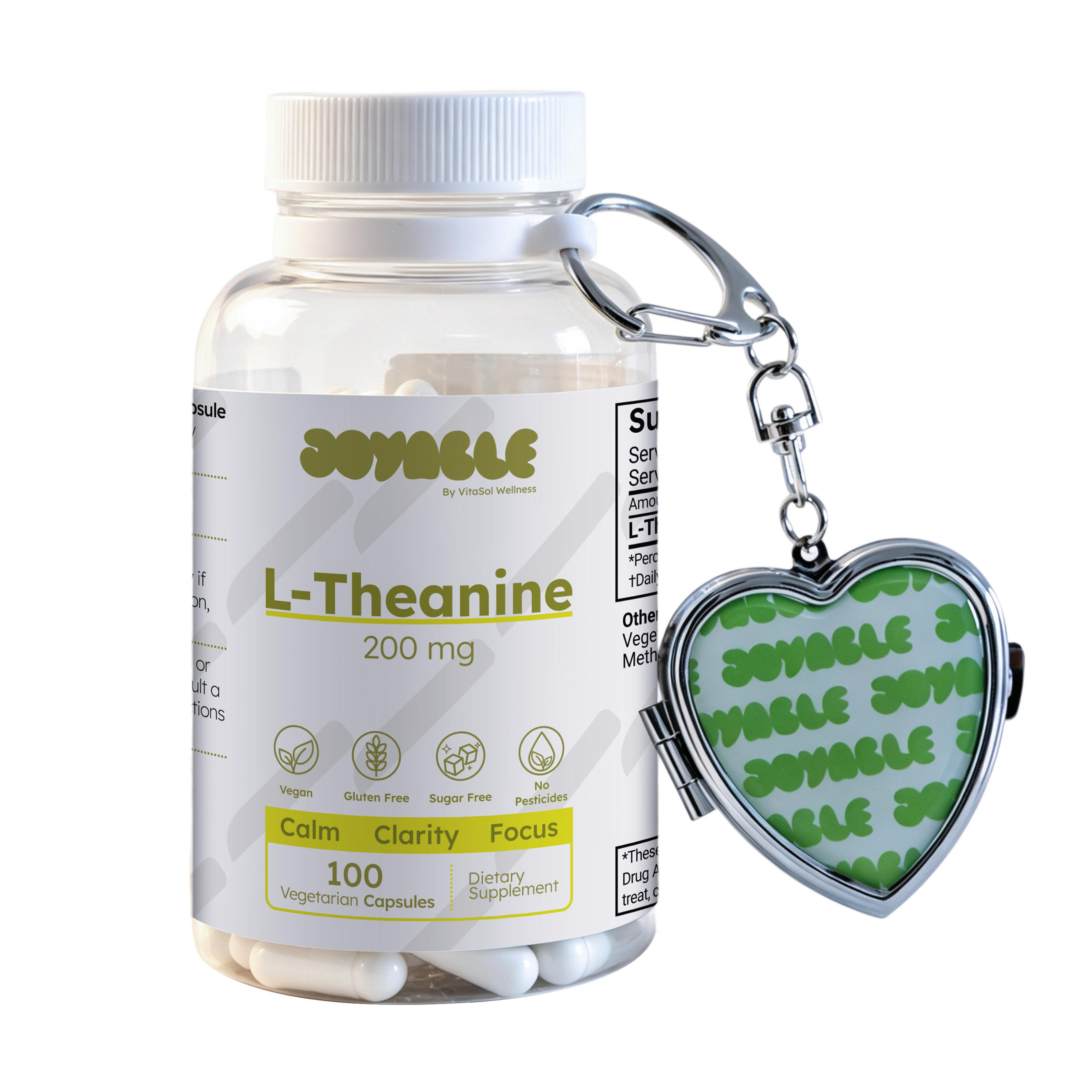 A white bottle of JOYABLE L-Theanine 200 mg dietary supplement capsules with a white cap, shown alongside a silver heart-shaped locket keychain featuring a green patterned insert with the JOYABLE brand name.