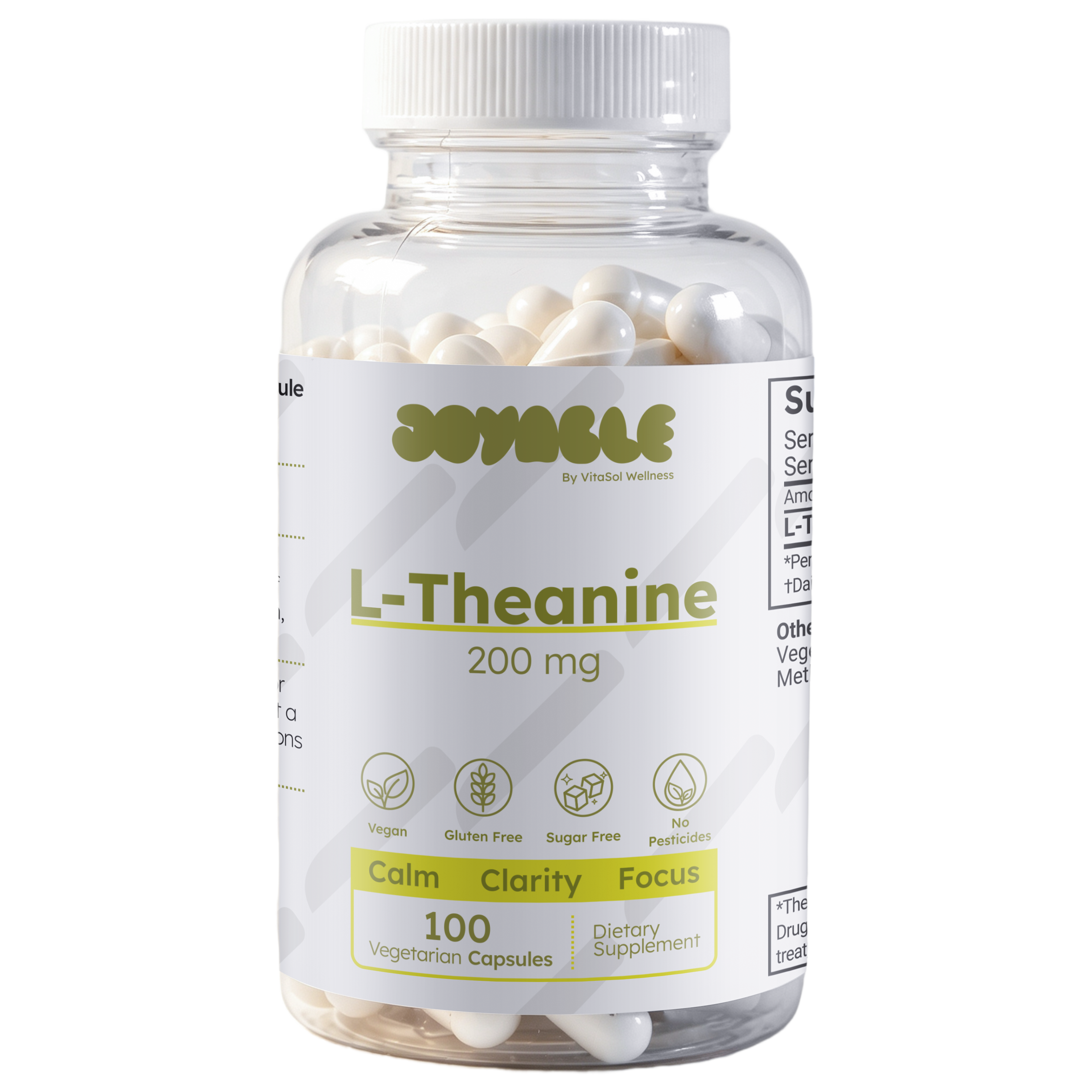 A clear plastic bottle of JOYABLE L-Theanine 200 mg dietary supplement capsules, containing 100 white capsules, on a solid white background.